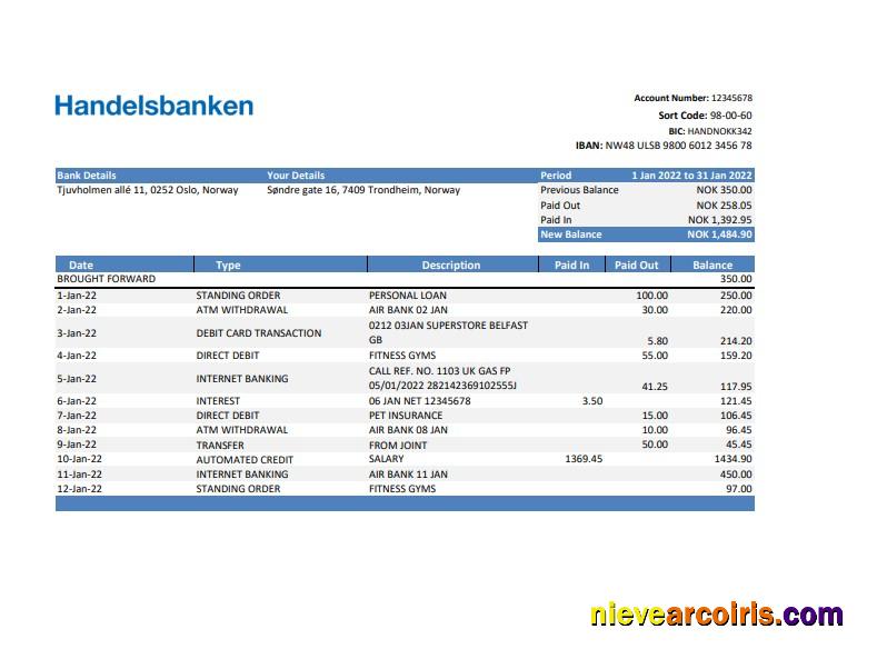 Norway Handelsbank statement Excel and PDF